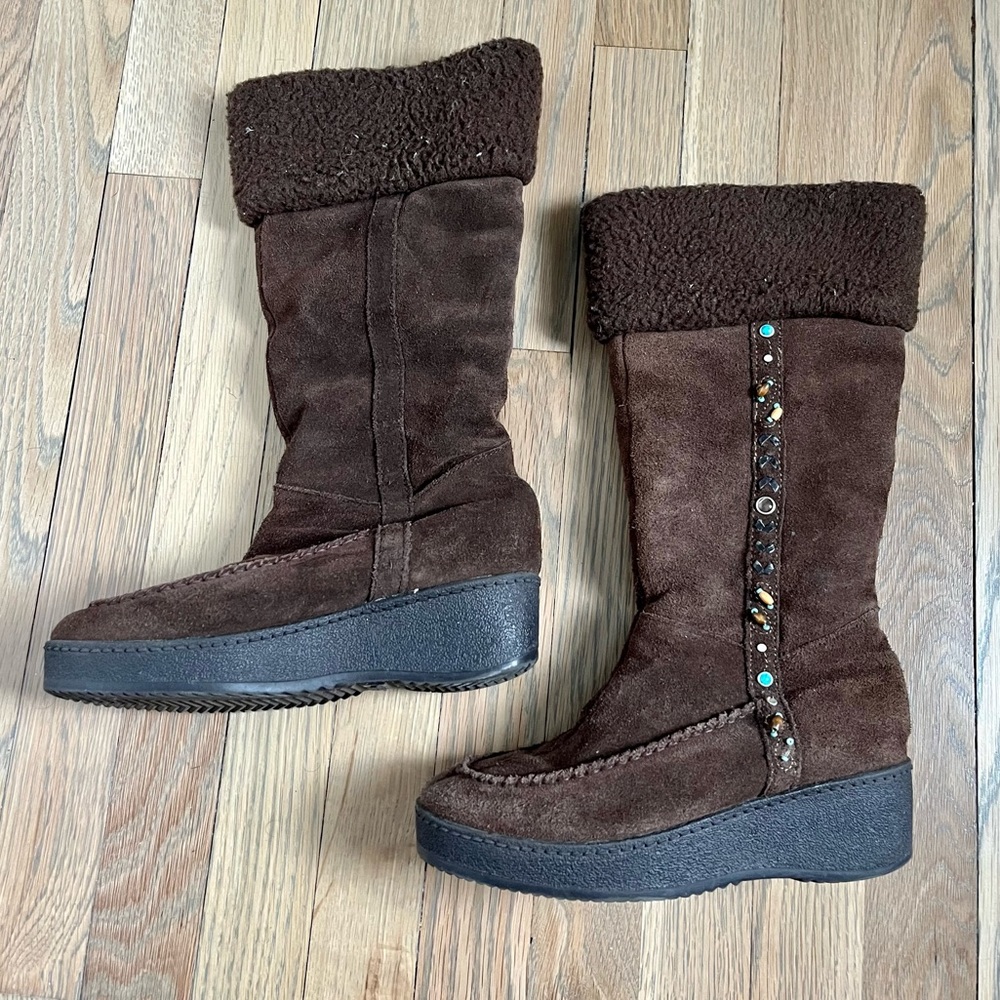 Steve Madden Seminole Suede Tribal Beaded Boots Aztec Platform Wedge size 6.5